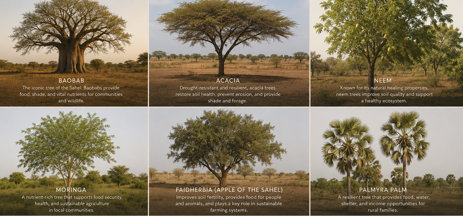 Collage of six different trees with their names and descriptions on a brown background.
