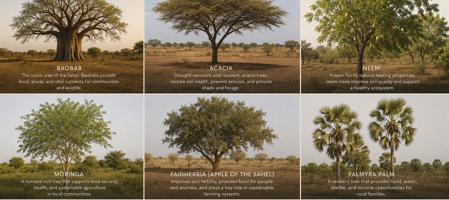 Collage of six different trees with their names and descriptions on a brown background.