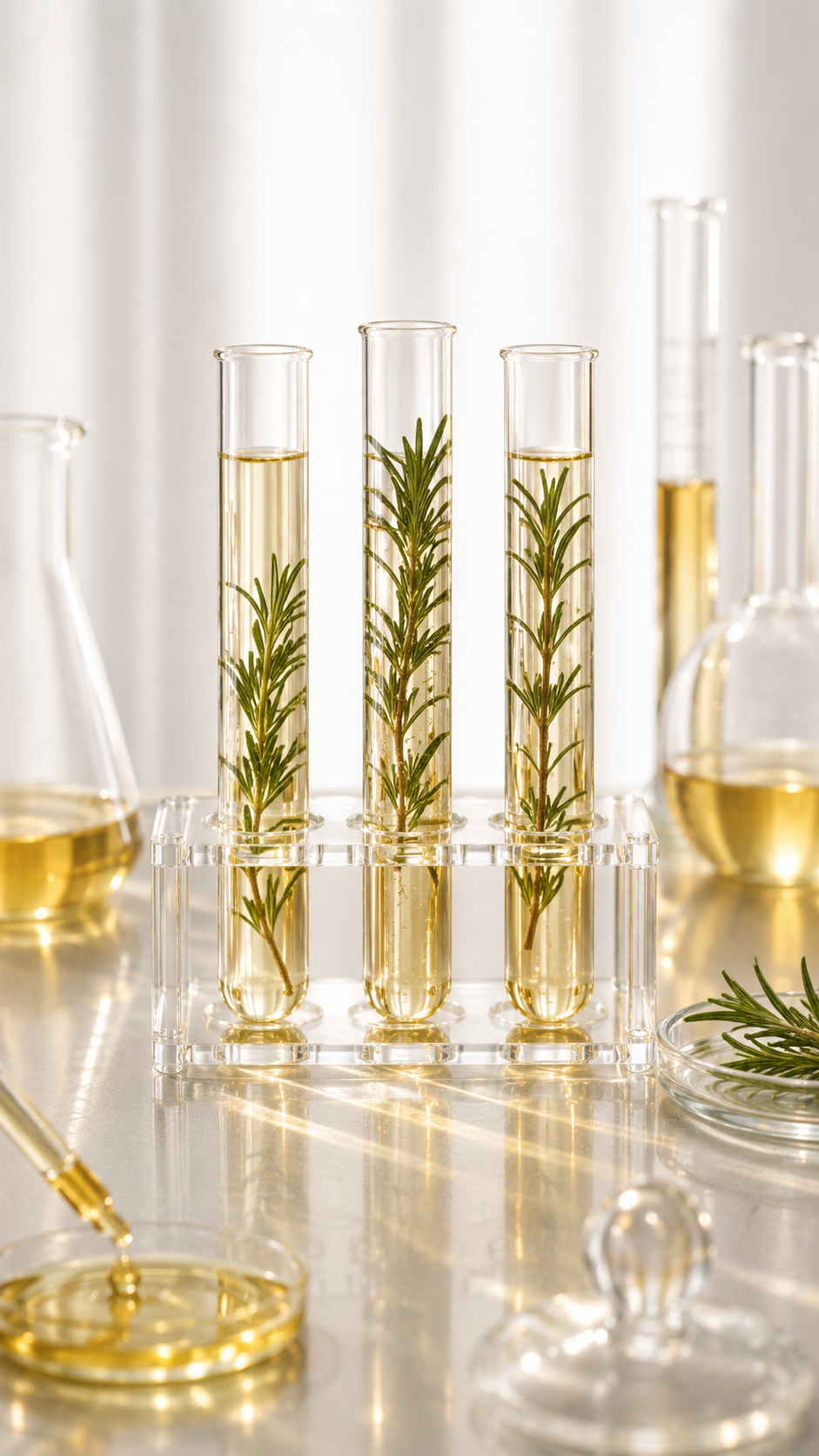Test tubes with rosemary in a clear liquid on a lab table