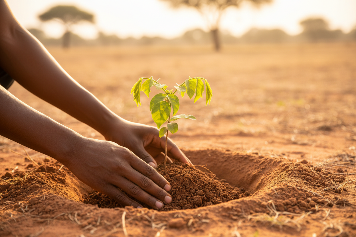 Person planting a small tree in a field with a blurred natural background