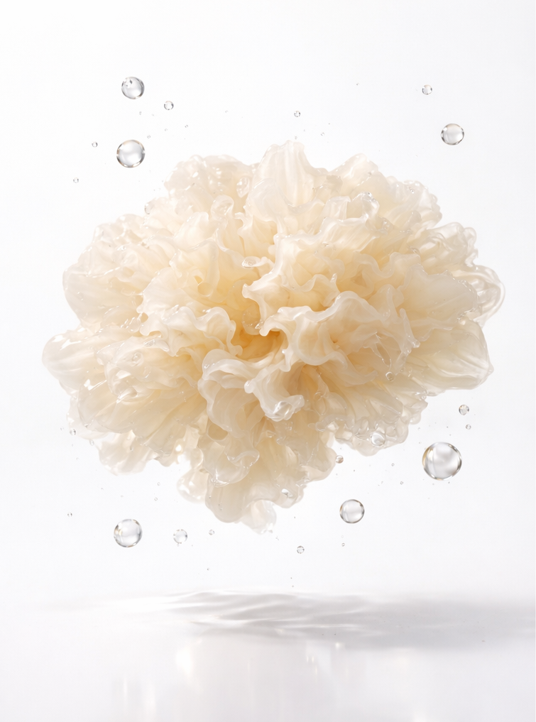 Tremella mushroom with water droplets on a white background