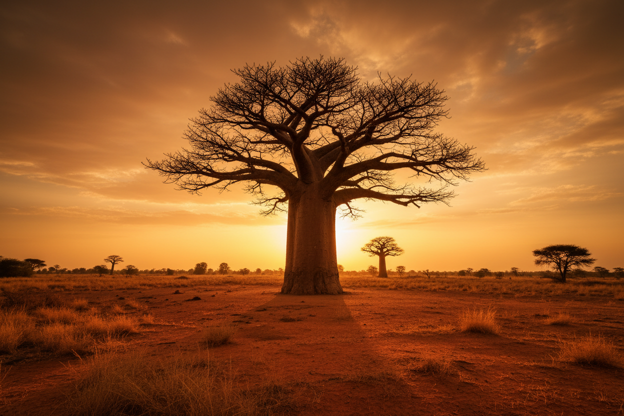 Large tree in a field with a sunset or sunrise in the background